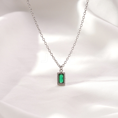 Vintage 304 Stainless Steel Emerald Rhinestone Rectangle Pendant Necklaces for Women NI1330-2-1