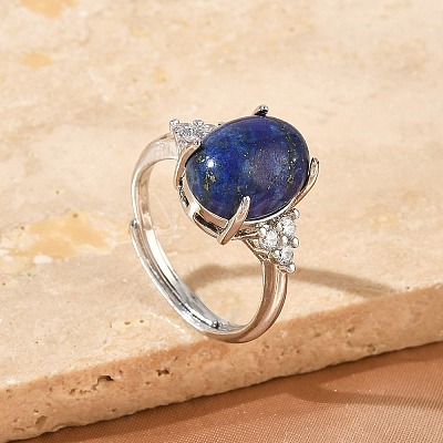 Brass Micro Pave Cubic Zirconia with Natural Lapis Lazuli Cuff Open Rings RJEW-T035-01P-B-1