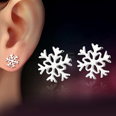 Real Platinum Plated Brass Snowflake Stud Earrings EJEW-EE0002-001-1