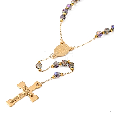 Ion Plating(IP) Crucifix Cross 304 Stainless Steel Rosary Bead Necklaces NJEW-M075-03G-03-1