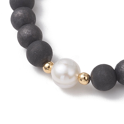 Natural Shungite & Cultured Freshwater Pearl Round Beaded Stretch Bracelets for Women BJEW-JB13321-02-1