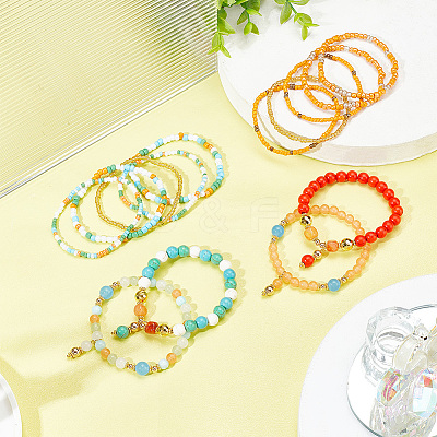 2 Sets 2 Style Natural Dyed Malaysia Jade & Agate & Synthetic Turquoise & Glass Seed Beaded Stretch Bracelets Set BJEW-PH0004-29-1