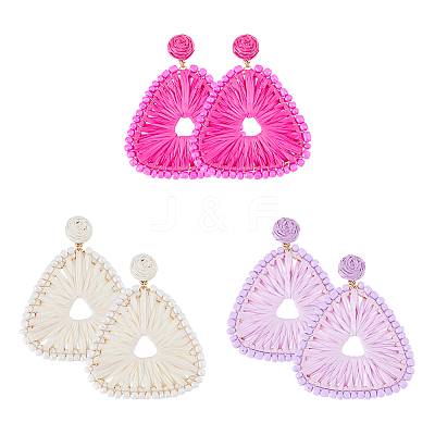 3 Pairs 3 Colors Raffia Grass Braided Triangle Dangle Stud Earrings for Women EJEW-FI0002-28-1