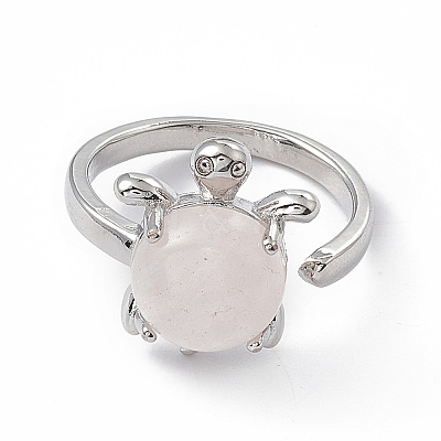 Natural Rose Quartz Turtle Open Cuff Ring RJEW-P082-01P-24-1