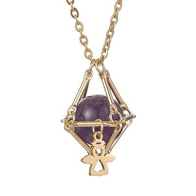 Brass Macrame Pouch Natural Amethyst Inside & 304 Stainless Steel Pendant Necklaces for Women NJEW-JN05607-03-1