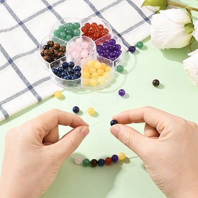 56Pcs 7 Styles Natural Green Aventurine & Lapis Lazuli & Rose Quartz & Carnelian & Tiger Eye & Malaysia Jade & Yellow Jade Round Beads G-YW0002-61A-1