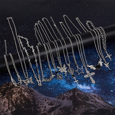 12Pcs 12 Style Heart & Cross & Butterfly & Bat Alloy Enamel Pendant Necklaces Set with Rhinestone NJEW-FI0001-03-1