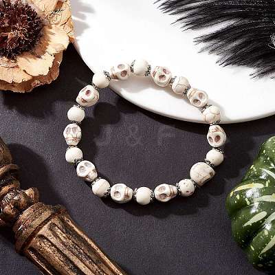 4Pcs 4 Colors Halloween Dyed Synthetic Turquoise Skull & Round Beaded Stretch Bracelet Sets for Men Women BJEW-JB12255-1
