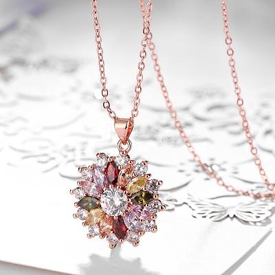 Real Rose Gold Plated Brass Cubic Zirconia Flower Pendant Necklaces NJEW-BB04540-1