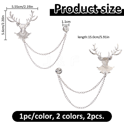 2Pcs 2 Colors Deer Hanging Chain Brooch Pin JEWB-FH0003-28-1