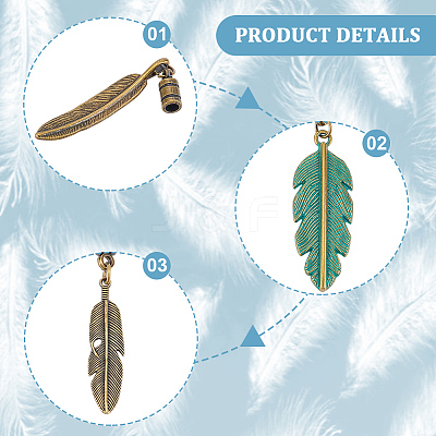 6Pcs 6 Colors Alloy Cord Ends with Feather Charms FIND-GF0009-05-1