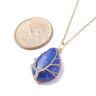Natural Gemstone Teardrop with Tree Pendant Necklaces NJEW-JN03869-1