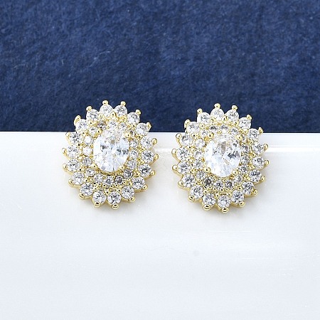 Brass Micro Pave Clear Cubic Zirconia Stud Earrings for Women EJEW-F363-03G-1