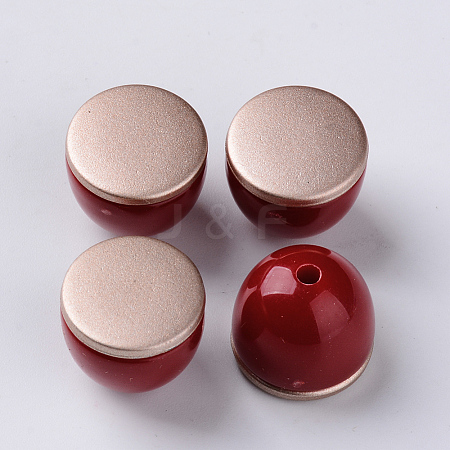  Jewelry Beads Findings Opaque Acrylic Beads, Two Tone, with Rose Gold Plated Flat Plate, Half Drilled, Half Oval, FireBrick, 16x14mm, Half Hole: 2.5mm