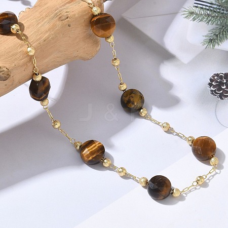 Natural Tiger Eye Faceted Flat Round Beaded Chain Necklaces with Matte Brass Beads GG-CBA37F5-01G-04-1