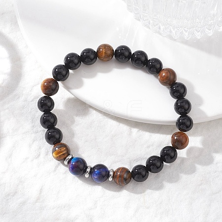 Natural Black Onyx & Tiger Eye & Rainbow Tiger Eye Beaded Stretch Bracelets for Women BJEW-JB12902-1