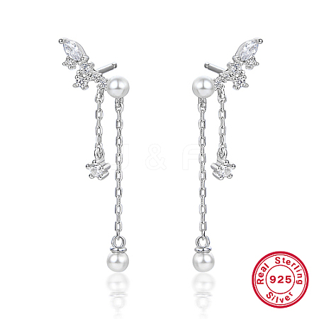 Rhodium Plated Platinum Plated 925 Sterling Silver Wing Stud Earrings with Shell Pearl RF3669-1