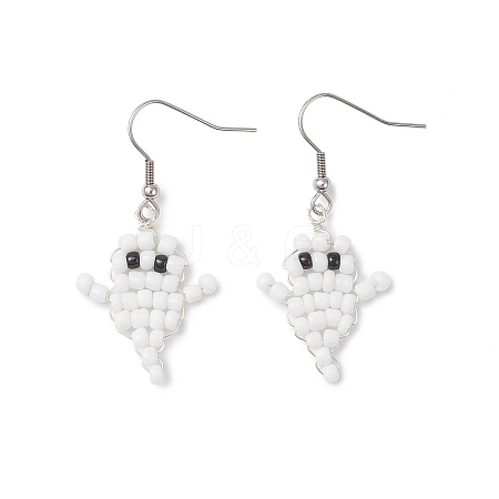 Halloween Ghost Glass Seed Beaded Dangle Earrings EJEW-TA00750-1