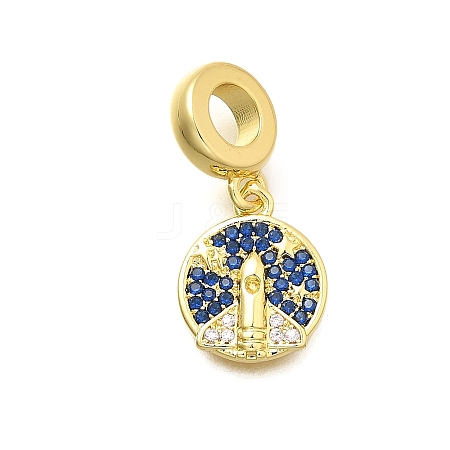 Brass Micro Pave Clear & Blue Cubic Zirconia Flat Round with Rocket European Dangle Charms KK-C087-17G-1