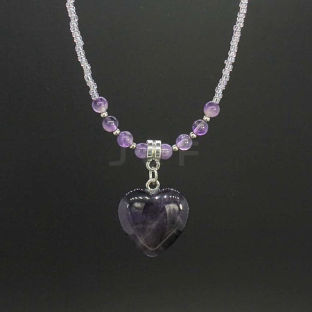 Natural Gemstone Heart Pendant Colorful Glass Seed Beads Beaded Necklaces for Women VA8487-1-1