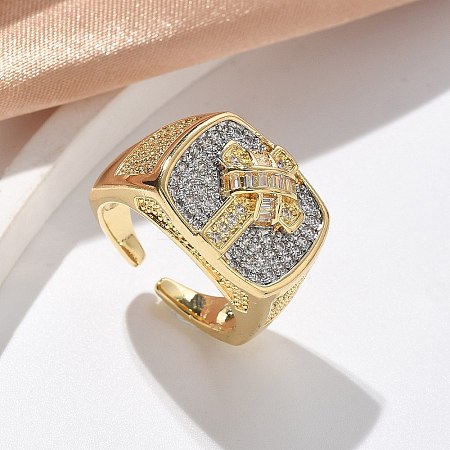 Brass Micro Pave Clear Cubic Zirconia Cuff Rings for Women RJEW-U041-06G-1