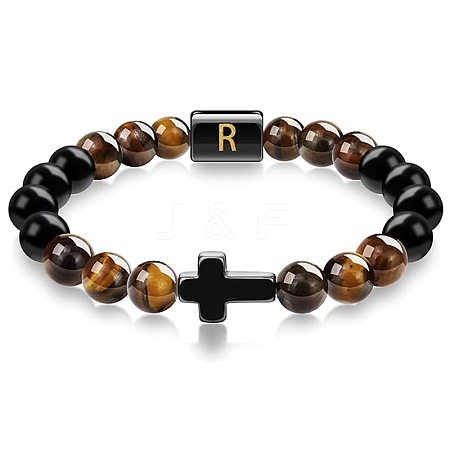 8MM Natural Tiger Eye and Matte Black Obsidian Round Beaded Stretch Bracelets SL9862-18-1
