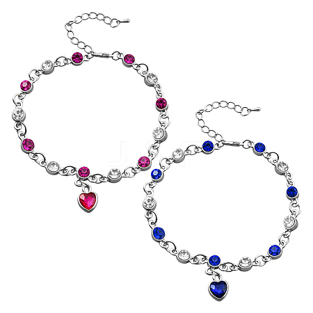 2Pcs 2 Colors Heart Alloy Rhinestone Charms Bracelets BJEW-HY0001-06-1