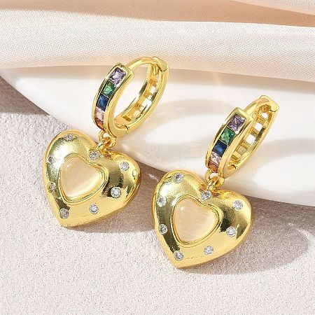 Brass Micro Pave Cubic Zirconia and Cat Eye Beads Heart Hoop Dangle Earrings KK-CBAD9DF-01G-A-1