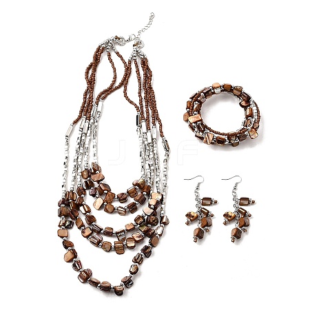 Alloy & Natural Shell & Glass Seed Beaded Multilayer Necklaces & Dangle Earrings & Bangles Sets WGCEEFD-05-1