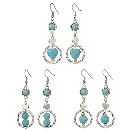 3 Pair 3 Style 304 Stainless Steel Dangle Earrings with Synthetic Turquoise Beaded for Women EJEW-JE05380-1